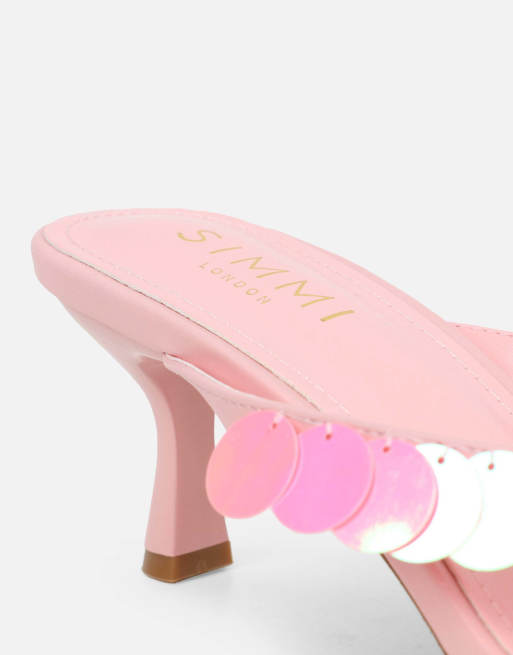 SIMMI Shoes Dixy strap square toe heeled mules in pink sequin, 3 of 4