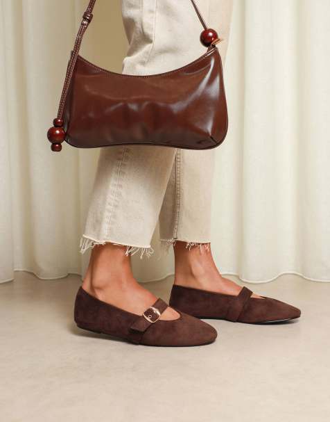 SIMMI Shoes Fleur buckle ballet flats in brown suede - view 1