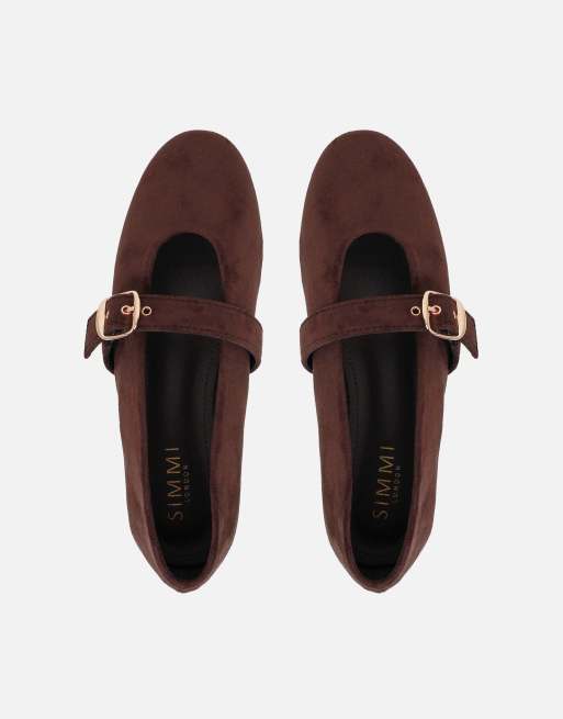 SIMMI Shoes Fleur buckle ballet flats in brown suede, 3 of 4