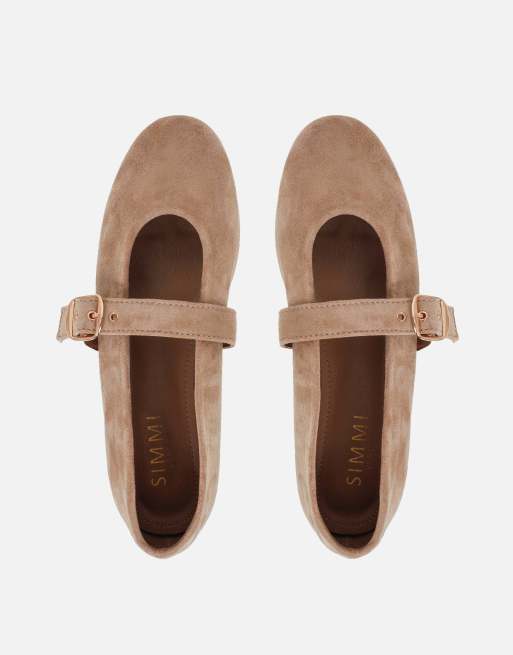 SIMMI Shoes Fleur buckle ballets flat in beige suede, 3 of 4