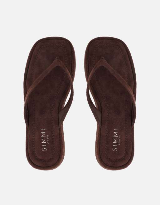 SIMMI Shoes Kimmie flatform toe post sandals in brown suede, 3 of 4
