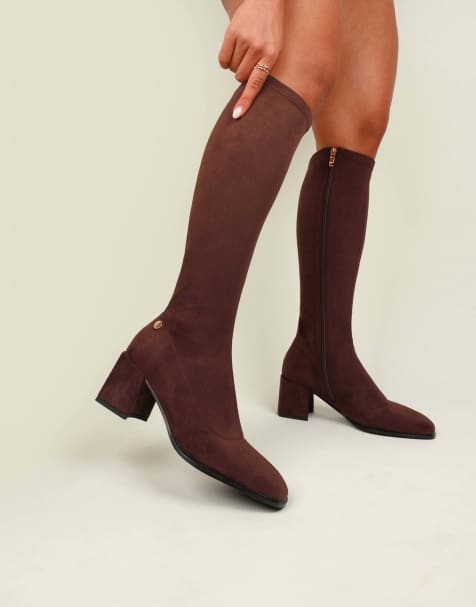 SIMMI Shoes Lizzie knee high block heeled boots in brown suedette - view 1