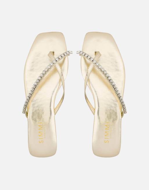 SIMMI Shoes May toe thong diamante flat sandals in gold mirror, 2 of 4