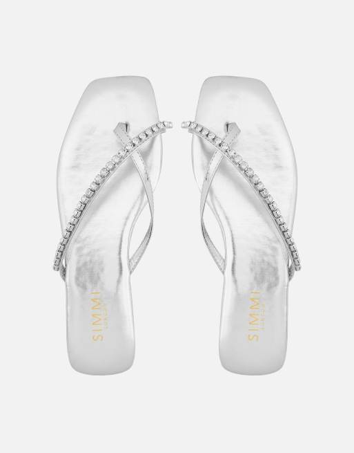 SIMMI Shoes May toe thong diamante flat sandals in silver mirror, 3 of 4