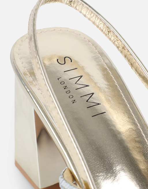 SIMMI Shoes Mayaa diamante slingback block heeled sandals in gold mirror, 3 of 4