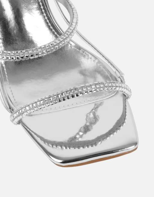 SIMMI Shoes Mayaa diamante slingback block heeled sandals in silver mirror, 3 of 4