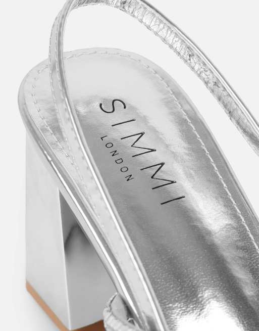 SIMMI Shoes Mayaa diamante slingback block heeled sandals in silver mirror, 4 of 4