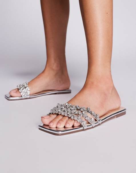 SIMMI Shoes mirror diamante flat sandals in silver - view 1