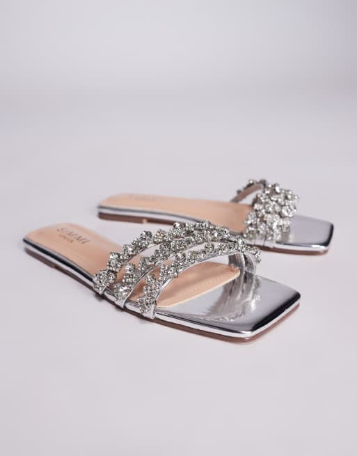 SIMMI Shoes mirror diamante flat sandals in silver, 2 of 4
