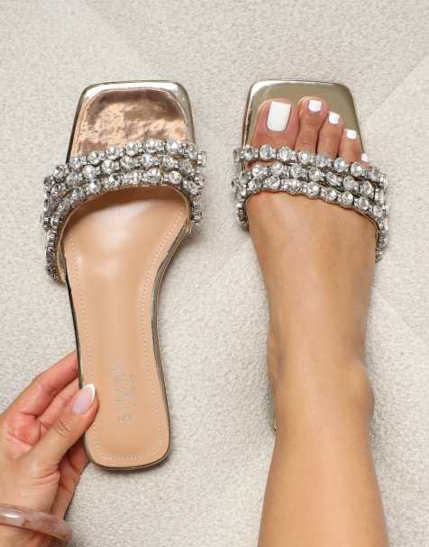 SIMMI Shoes Monroe diamante flat sandals in gold mirror - view 1