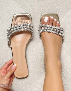 SIMMI Shoes Monroe diamante flat sandals in gold mirror