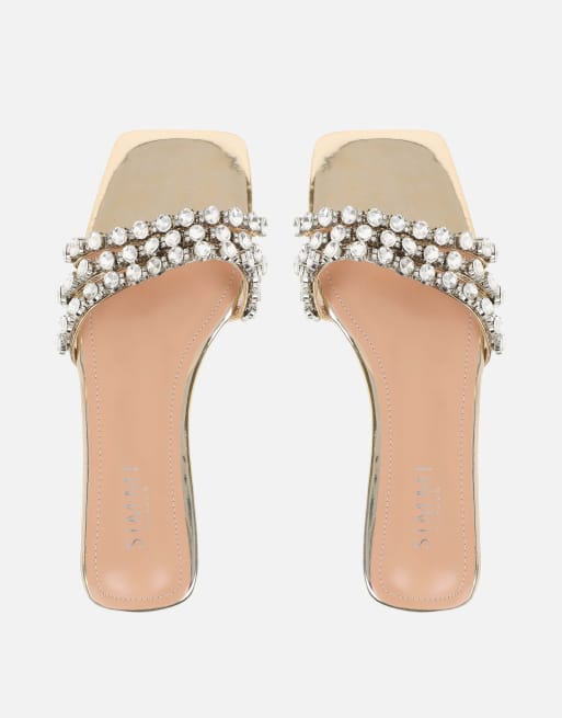 SIMMI Shoes Monroe diamante flat sandals in gold mirror, 3 of 4