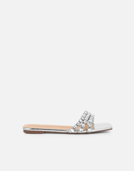 SIMMI Shoes Monroe diamante flat sandals in silver mirror, 2 of 4