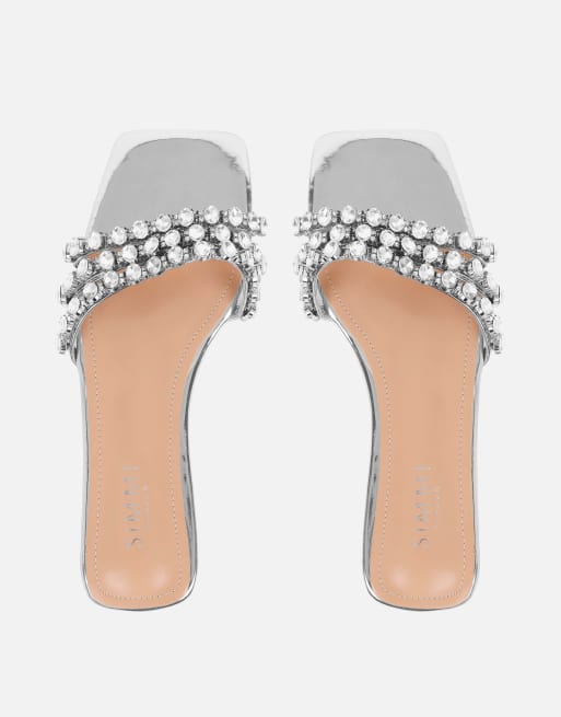 SIMMI Shoes Monroe diamante flat sandals in silver mirror, 3 of 4