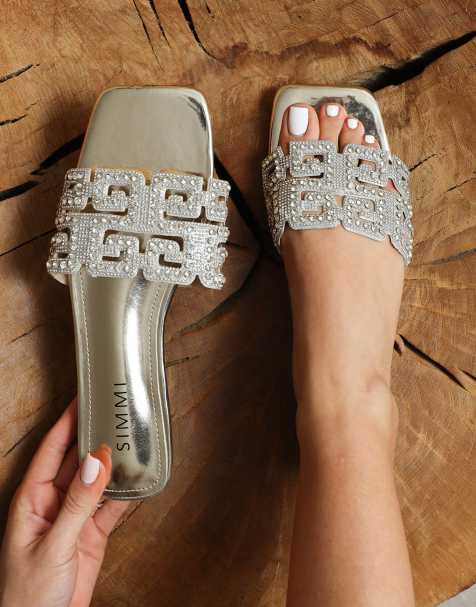 SIMMI Shoes Rania mirror diamante patterned flats sandals in silver mirror - view 1