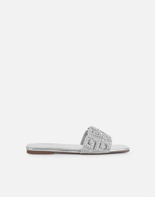 SIMMI Shoes Rania mirror diamante patterned flats sandals in silver mirror, 2 of 4