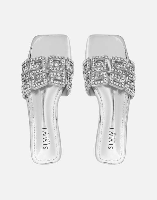 SIMMI Shoes Rania mirror diamante patterned flats sandals in silver mirror, 3 of 4