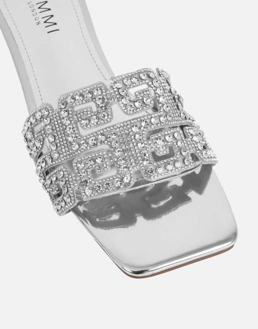 SIMMI Shoes Rania mirror diamante patterned flats sandals in silver mirror, 4 of 4