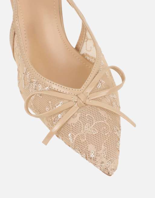 SIMMI Shoes Saskia bow detail slingback courts in beige mesh, 3 of 4
