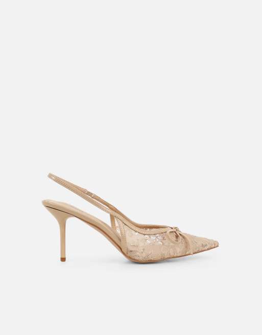 SIMMI Shoes Saskia bow detail slingback courts in beige mesh, 4 of 4