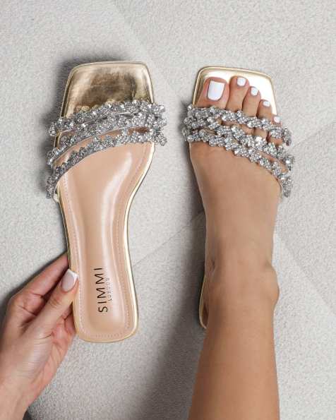 SIMMI Shoes Tapri diamante flat sandals in gold mirror - view 1