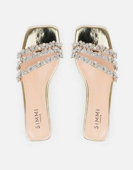 SIMMI Shoes Tapri diamante flat sandals in gold mirror, 3 of 4