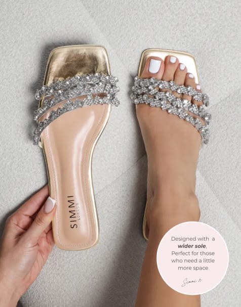 SIMMI Shoes Tapri wide fit diamante flat sandals in gold mirror - view 1