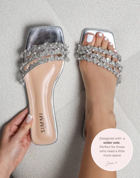 SIMMI Shoes Tapri wide fit diamante flat sandals in silver mirror - view 1