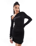 [Simmi Clothing] Simmi slinky long sleeve asymmetric neckline bodycon mini dress in black 6 BLACK