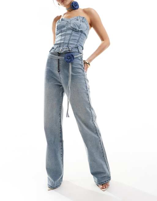 Simmi straight leg jean with corsage belt in light wash blue - part of a set