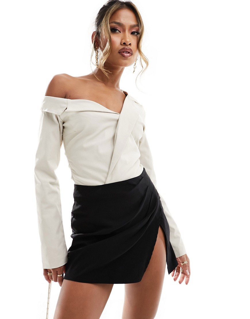 Simmi Clothing Simmi Tailored Off The Shoulder Bodysuit In Stone-neutral