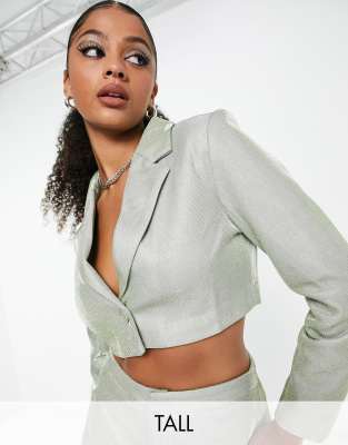 Simmi Tall glitter cropped blazer in sage - part of a set-Green