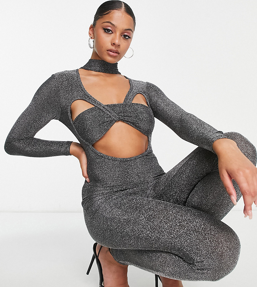 Simmi Tall glitter cut out fitted jumpsuit in gunmetal-Gray