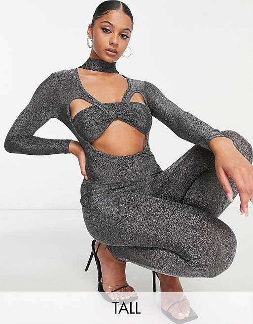 Had Rasende Hovedsagelig Simmi Tall glitter cut out fitted jumpsuit in gunmetal | ASOS