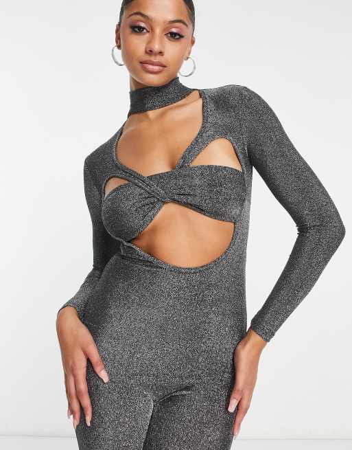 Simmi Tall glitter cut out fitted jumpsuit in gunmetal, 3 of 4