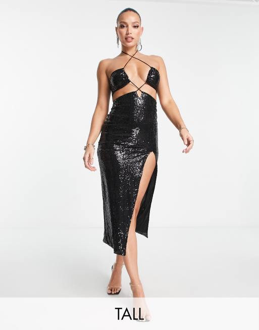 Simmi Tall – Midikleid in Schwarz mit Pailletten und Riemchen