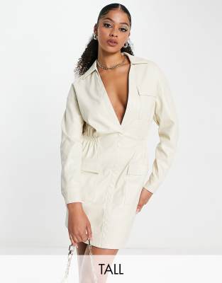 Simmi Clothing Simmi Tall Relaxed Plunge Front Blazer Shirt Dress In Cream-white