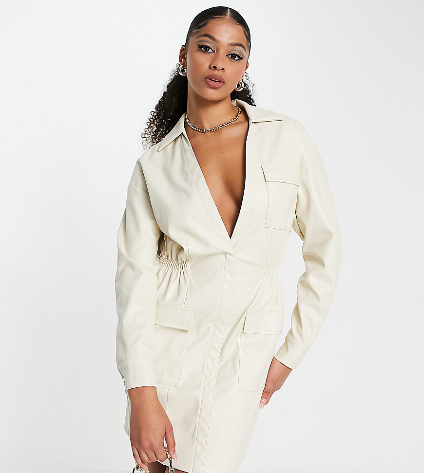 Simmi Tall relaxed plunge front blazer shirt dress in cream-White