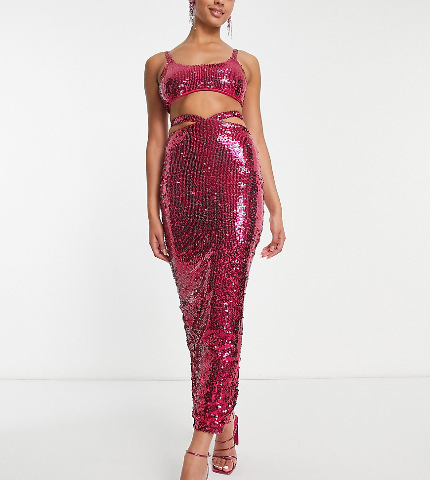 Simmi Tall sequin cut out waist maxi skirt co-ord in pink