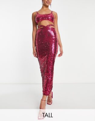 Simmi Tall sequin cut out waist maxi skirt in pink - part of a set