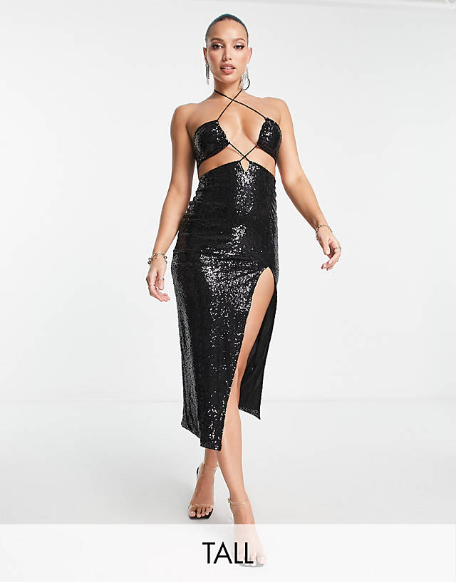 Simmi Clothing - Simmi Tall sequin strappy cut-out midi dress in black