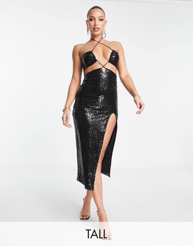 Simmi Tall sequin strappy cut-out midi dress in black