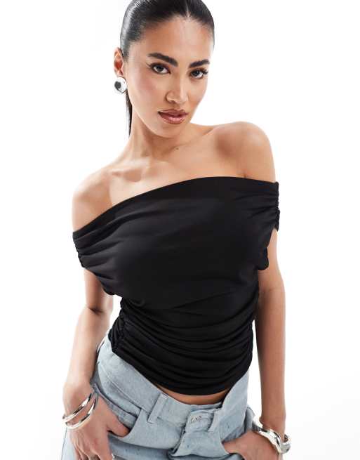 SIMMI - Top aderente nero a doppio strato con scollo alla Bardot risvoltato 