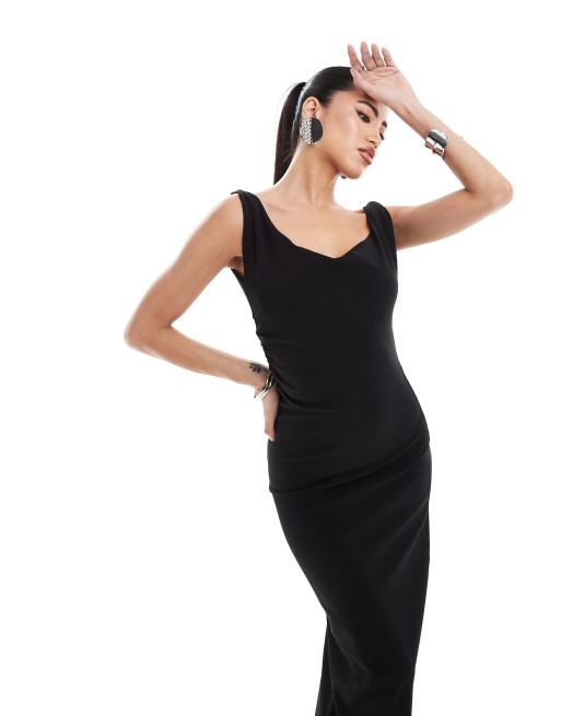 SIMMI - Tætsiddende bodycon-maxikjole med cami-stropper og snoet rem i sort