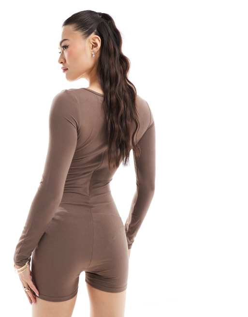 SIMMI - Tuta aderente a maniche lunghe in jersey marrone chiaro con scollo rotondo, 2 di 4