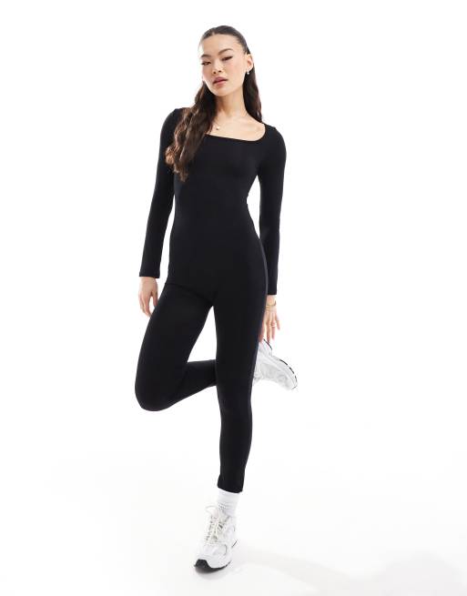 SIMMI - Tuta jumpsuit a maniche lunghe nera con scollo quadrato