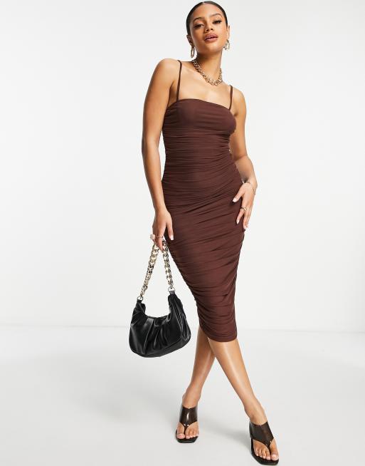 Simmi - Vestito midi arricciato con spalline sottili color cioccolato