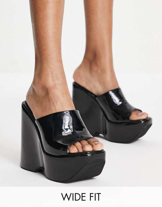 Simmi Wide Fit platform patent mules in black