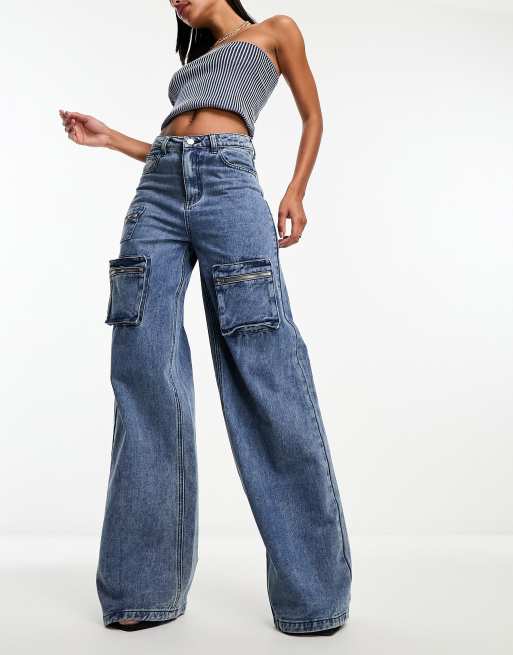 Simmi wide leg pocket detail jeans in blue wash