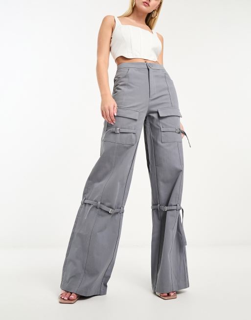 Charcoal Wide Leg High Waisted Cargo Pants